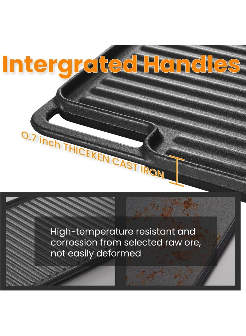 WALALLA Reversible Grill/Griddle with Handles, 46x26cm Pre-Seasoned Cast Iron Griddle,Non-Stick Family Pan Cookware, Flat Top Plate for Stove,Oven,BBQ, Gas Grill - Image 5